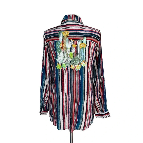 ANDREE BY UNIT Women’s S Stripe Exquisite Embroidery Cactus Roll Tab Sleeve Top - Picture 2 of 2